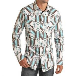 NEW PANHANDLE rock & roll denim aztec print long sleeve snap shirt in turquoise